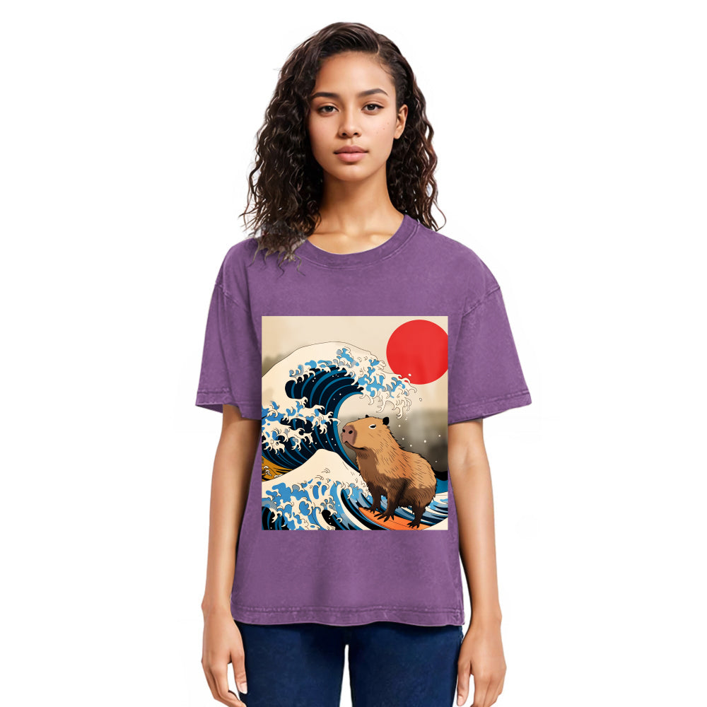 Tokyosol Funny Capybara Surfing Washed T-Shirt