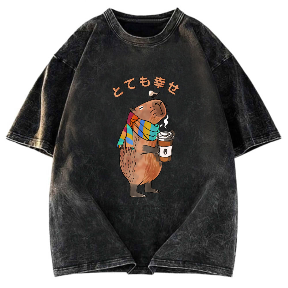 Tokyosol Capybara Drinking Coffee Washed T-Shirt