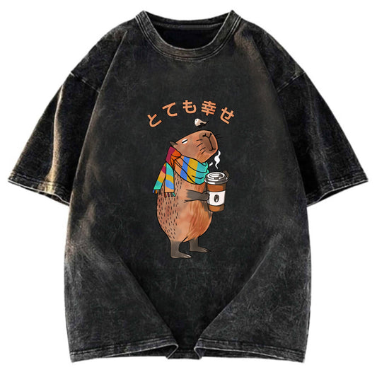 Tokyosol Capybara Drinking Coffee Washed T-Shirt