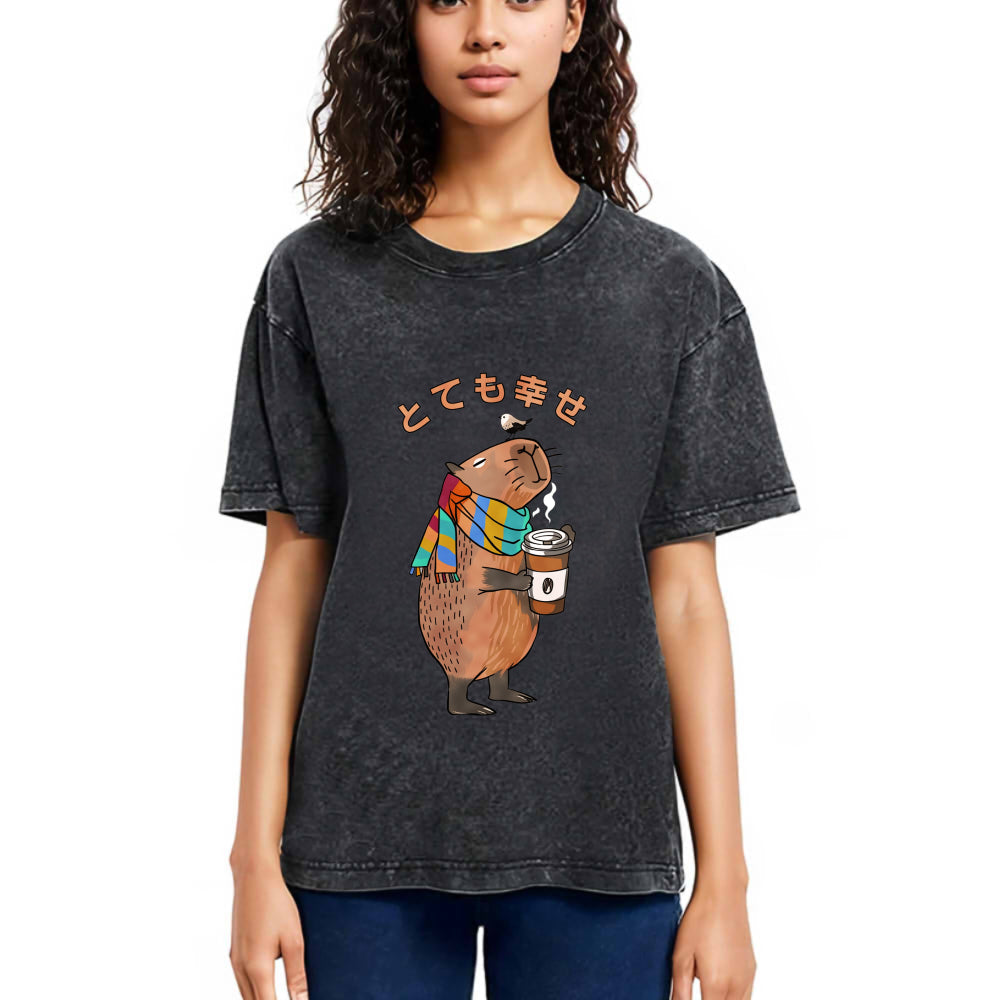 Tokyosol Capybara Drinking Coffee Washed T-Shirt