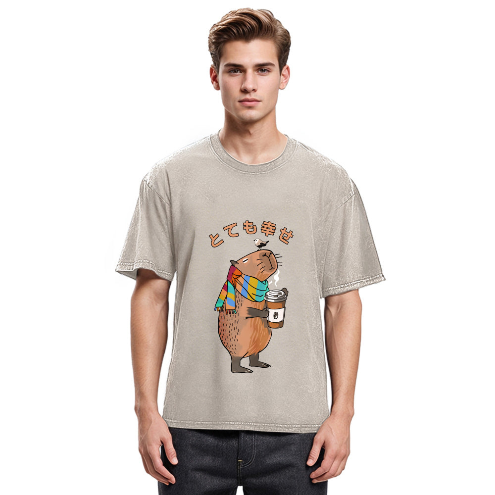 Tokyosol Capybara Drinking Coffee Washed T-Shirt