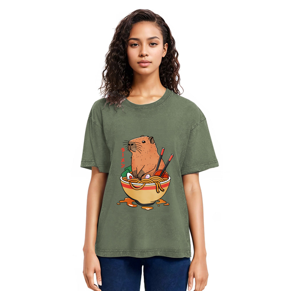 Tokyosol Capybara Ramen Funny Washed T-Shirt