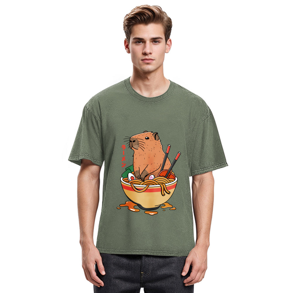 Tokyosol Capybara Ramen Funny Washed T-Shirt