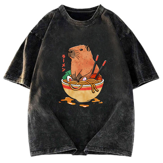 Tokyosol Capybara Ramen Funny Washed T-Shirt