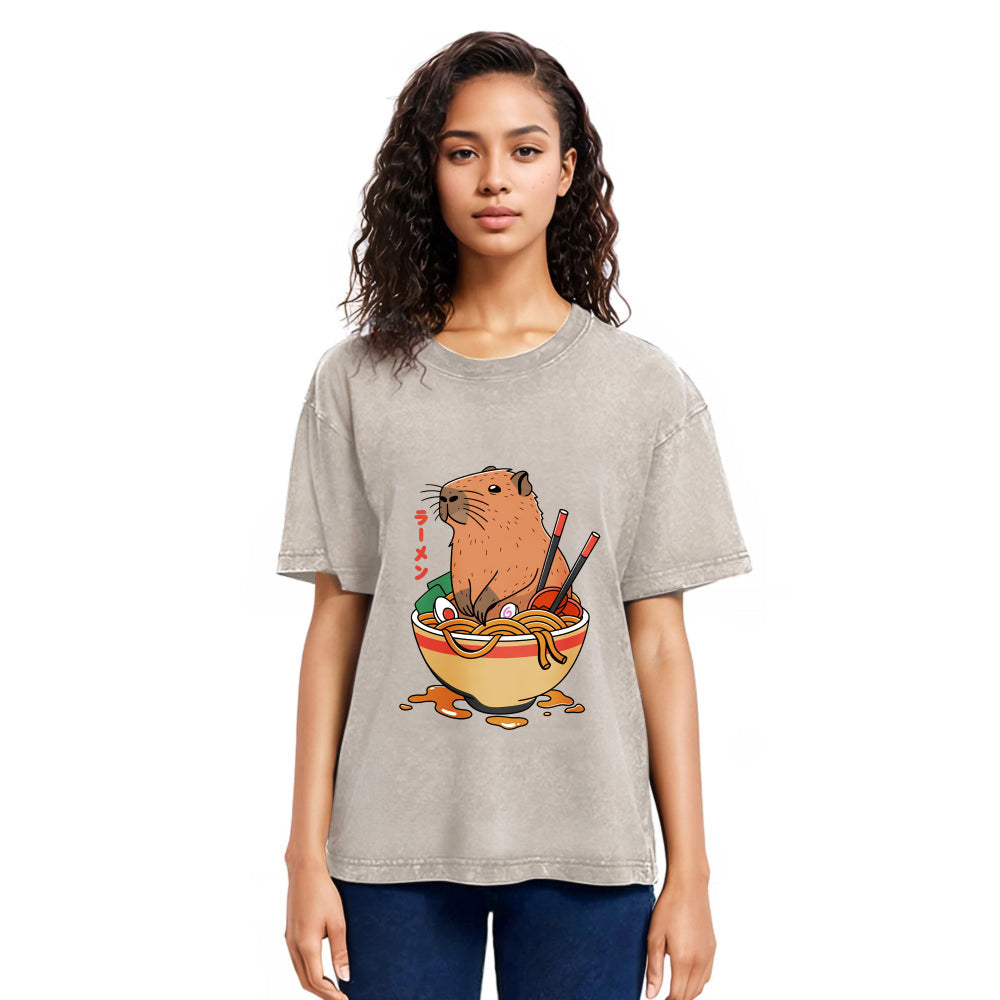 Tokyosol Capybara Ramen Funny Washed T-Shirt