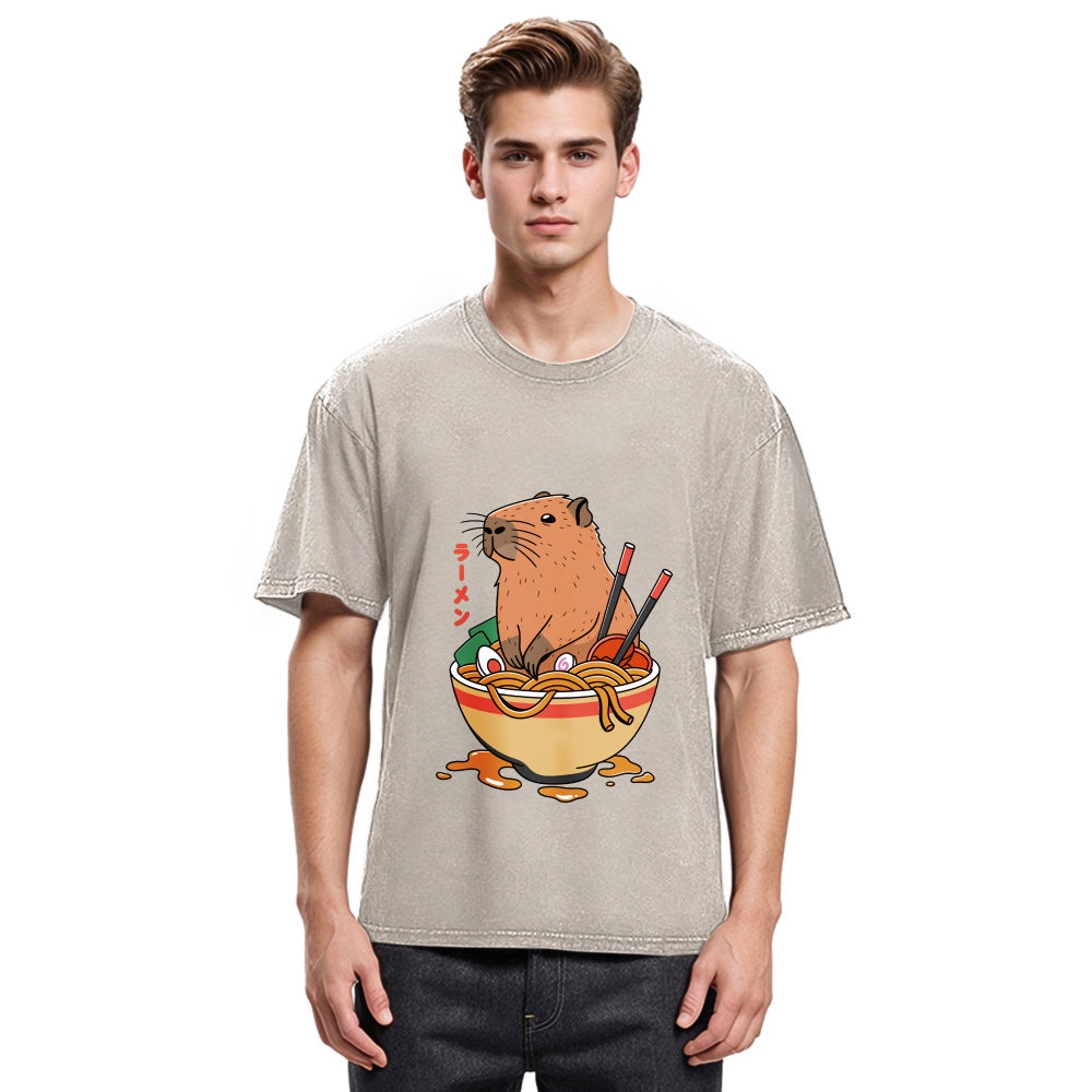 Tokyosol Capybara Ramen Funny Washed T-Shirt