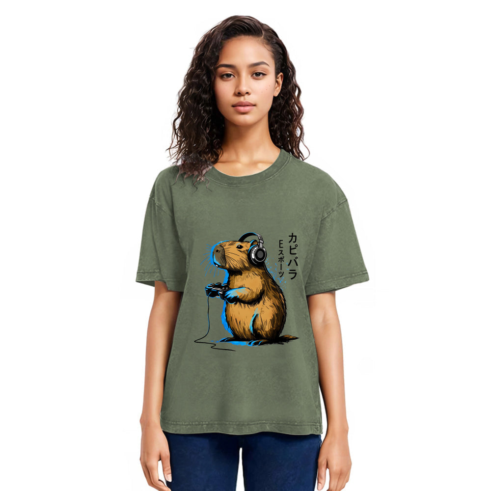Tokyosol Capybara Playing E-sports Washed T-Shirt