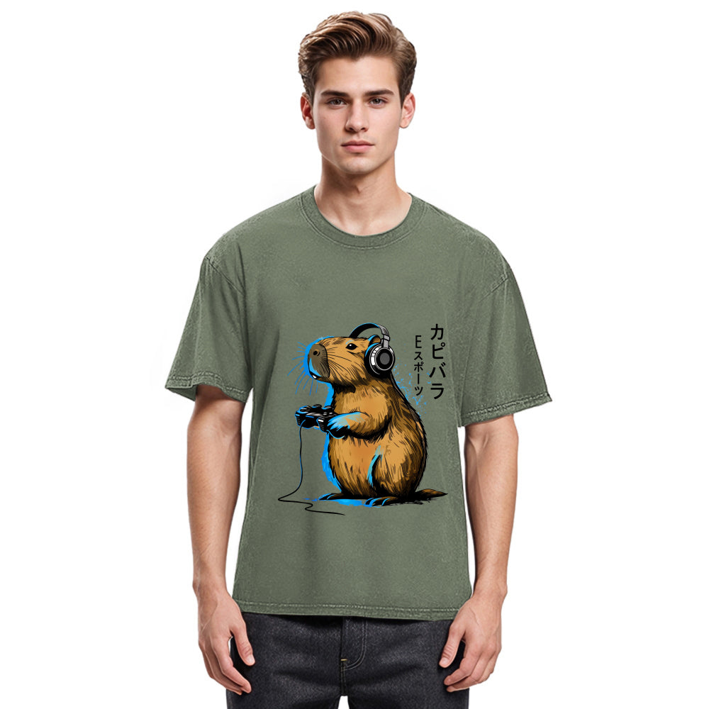 Tokyosol Capybara Playing E-sports Washed T-Shirt
