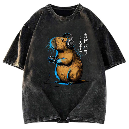 Tokyosol Capybara Playing E-sports Washed T-Shirt