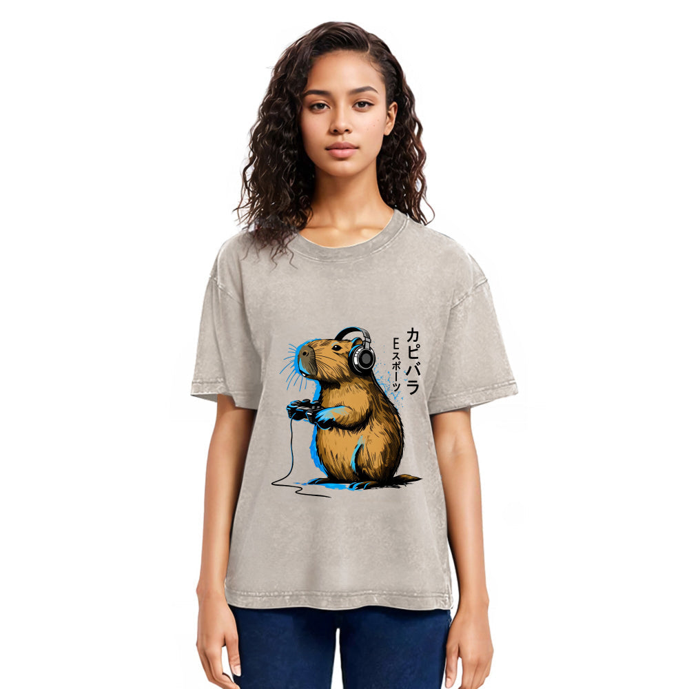 Tokyosol Capybara Playing E-sports Washed T-Shirt