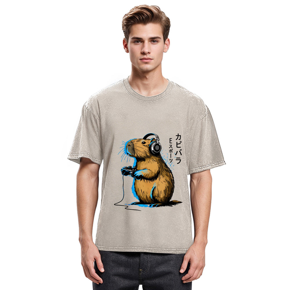 Tokyosol Capybara Playing E-sports Washed T-Shirt