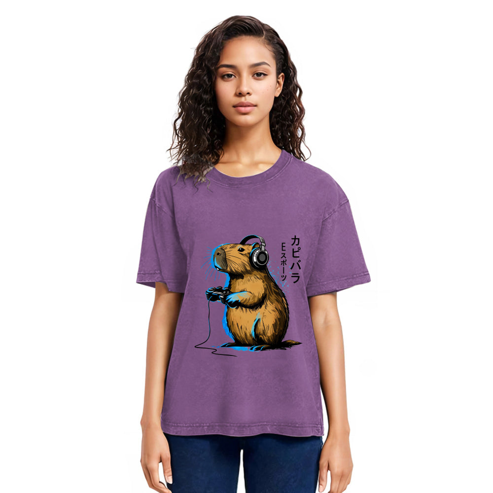 Tokyosol Capybara Playing E-sports Washed T-Shirt