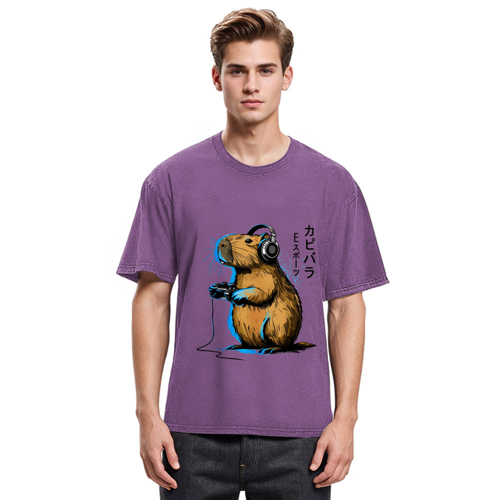 Tokyosol Capybara Playing E-sports Washed T-Shirt