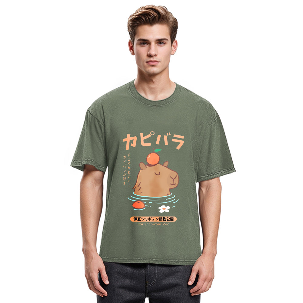 Tokyosol Capybara Soaking In Hot Springs Washed T-Shirt