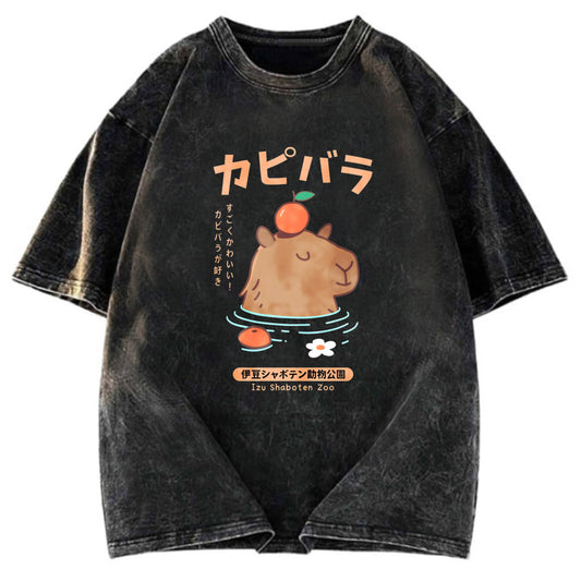 Tokyosol Capybara Soaking In Hot Springs Washed T-Shirt