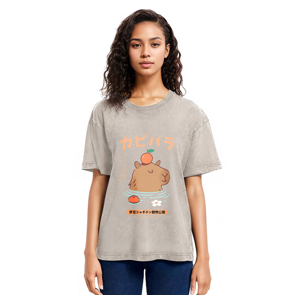 Tokyosol Capybara Soaking In Hot Springs Washed T-Shirt
