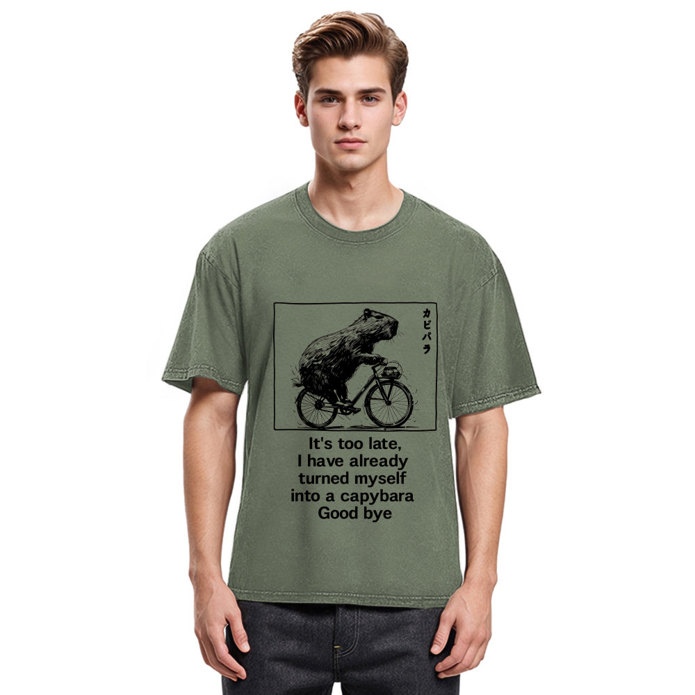 Tokyosol Funny Capybara Riding A Bicycle Washed T-Shirt