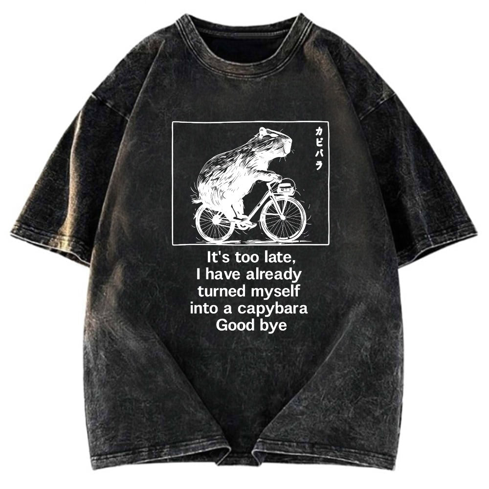 Tokyosol Funny Capybara Riding A Bicycle Washed T-Shirt