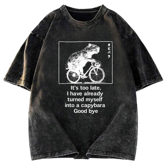 Tokyosol Funny Capybara Riding A Bicycle Washed T-Shirt