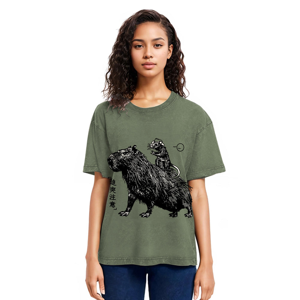 Tokyosol Mouse Riding A Capybara Washed T-Shirt
