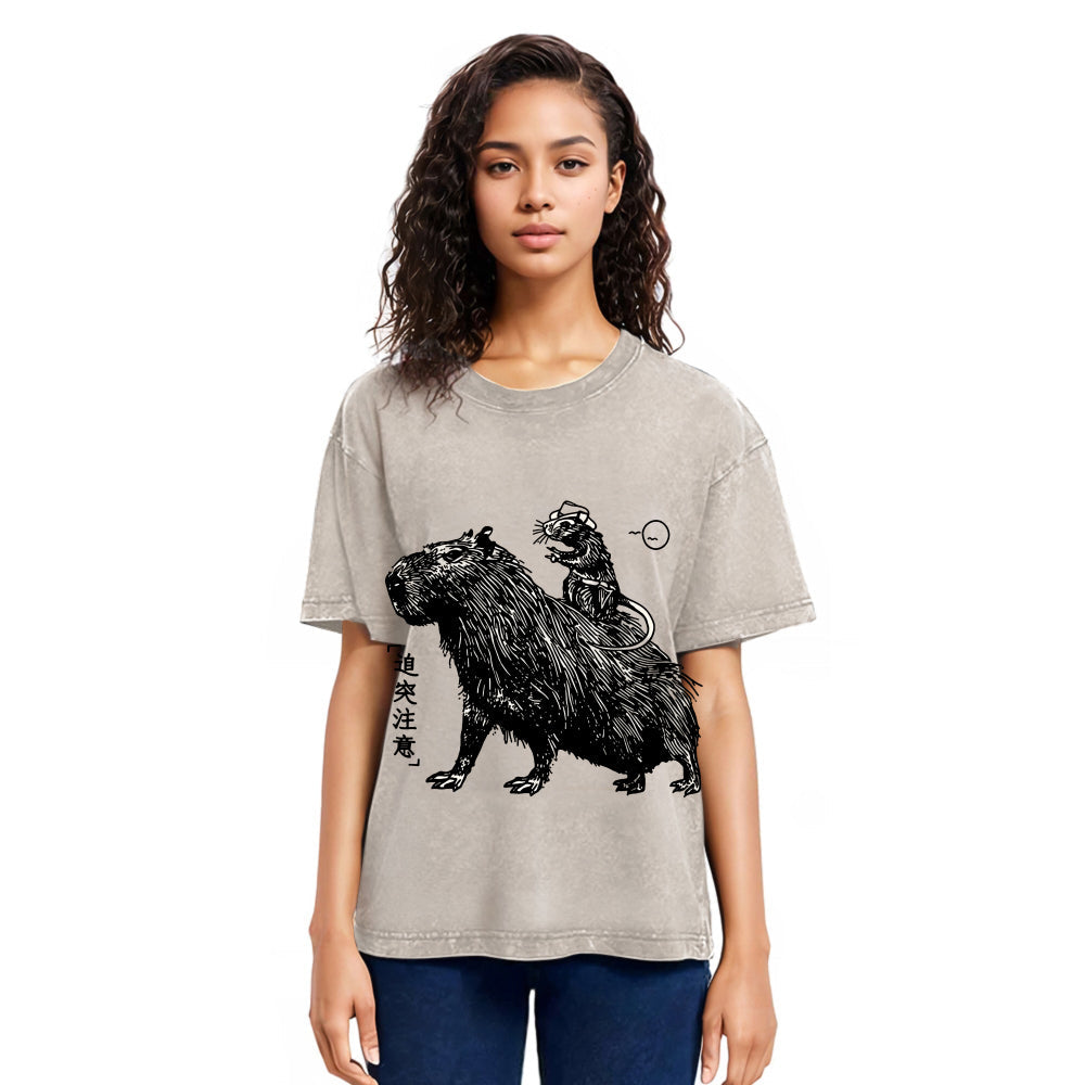 Tokyosol Mouse Riding A Capybara Washed T-Shirt