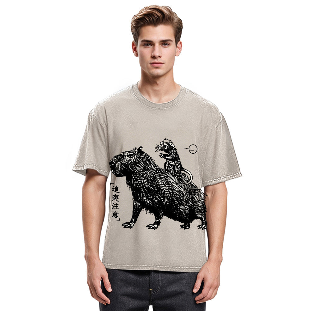 Tokyosol Mouse Riding A Capybara Washed T-Shirt