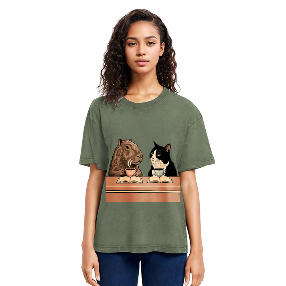 Tokyosol Capybara And Cat Talk Gradient Washed T-Shirt