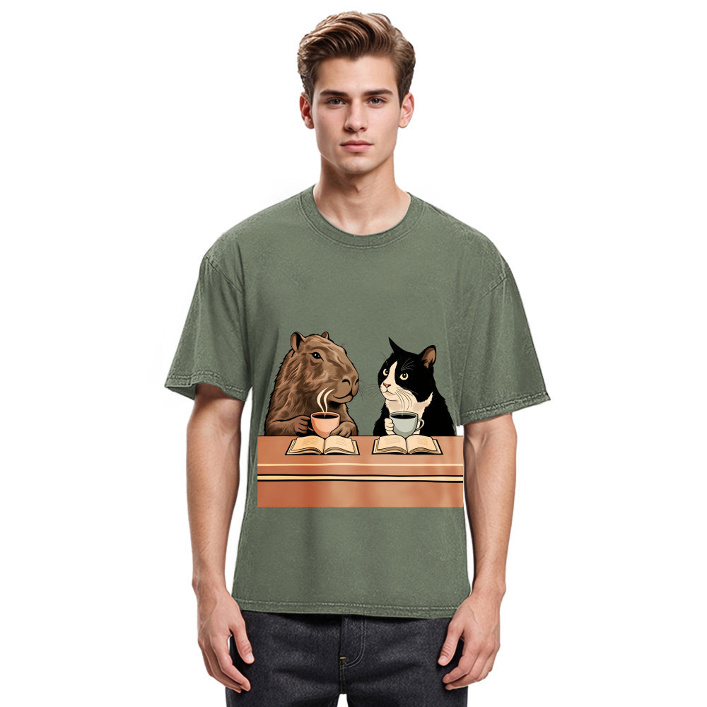 Tokyosol Capybara And Cat Talk Gradient Washed T-Shirt