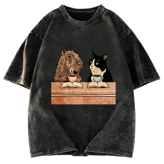Tokyosol Capybara And Cat Talk Gradient Washed T-Shirt