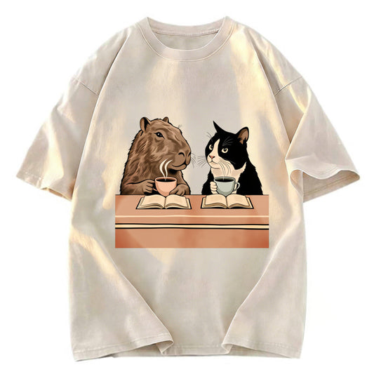 Tokyosol Capybara And Cat Talk Gradient Washed T-Shirt