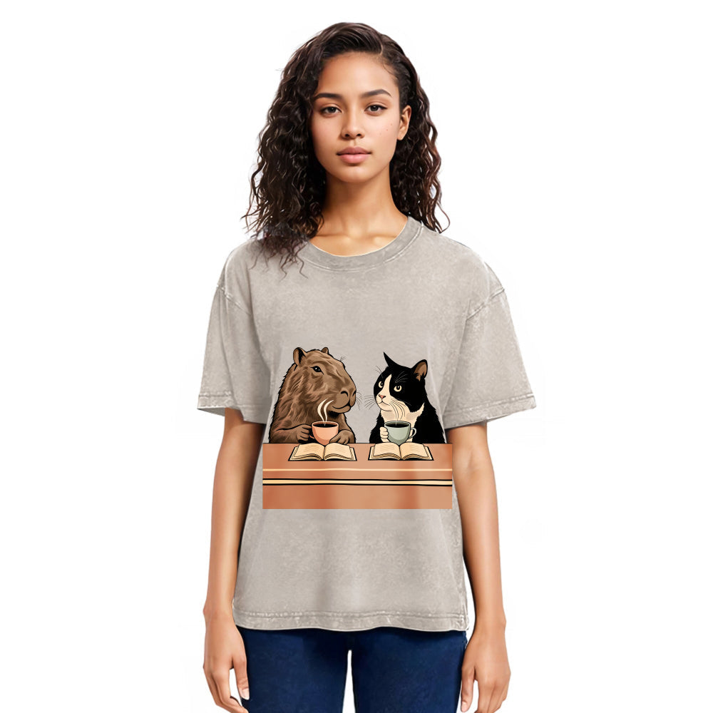 Tokyosol Capybara And Cat Talk Gradient Washed T-Shirt