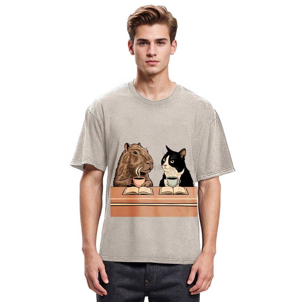 Tokyosol Capybara And Cat Talk Gradient Washed T-Shirt