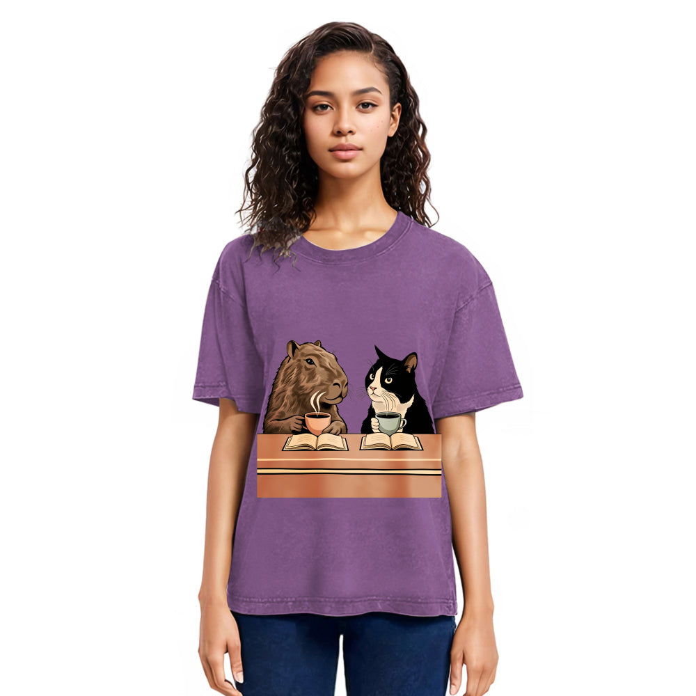 Tokyosol Capybara And Cat Talk Gradient Washed T-Shirt