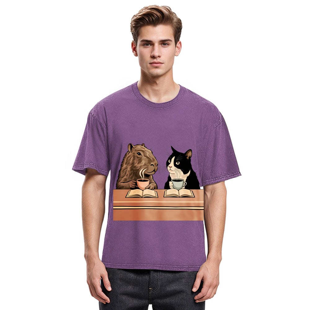 Tokyosol Capybara And Cat Talk Gradient Washed T-Shirt