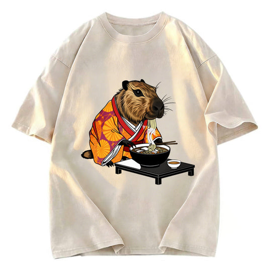 Tokyosol Cute Capybara Eating Ramen Washed T-Shirt