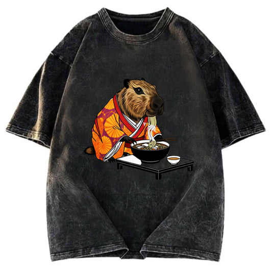 Tokyosol Cute Capybara Eating Ramen Washed T-Shirt