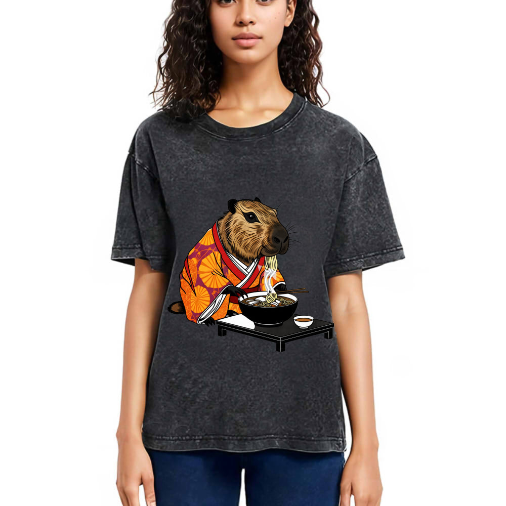 Tokyosol Cute Capybara Eating Ramen Washed T-Shirt