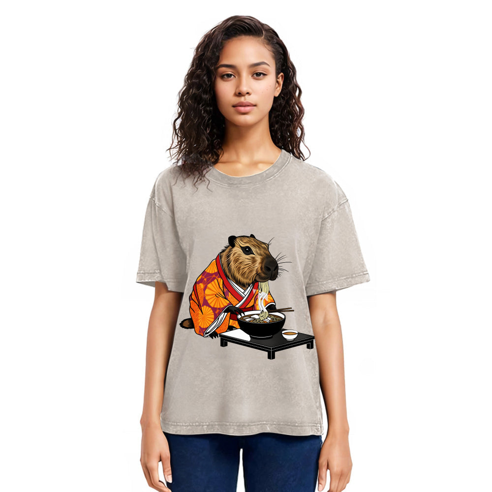 Tokyosol Cute Capybara Eating Ramen Washed T-Shirt