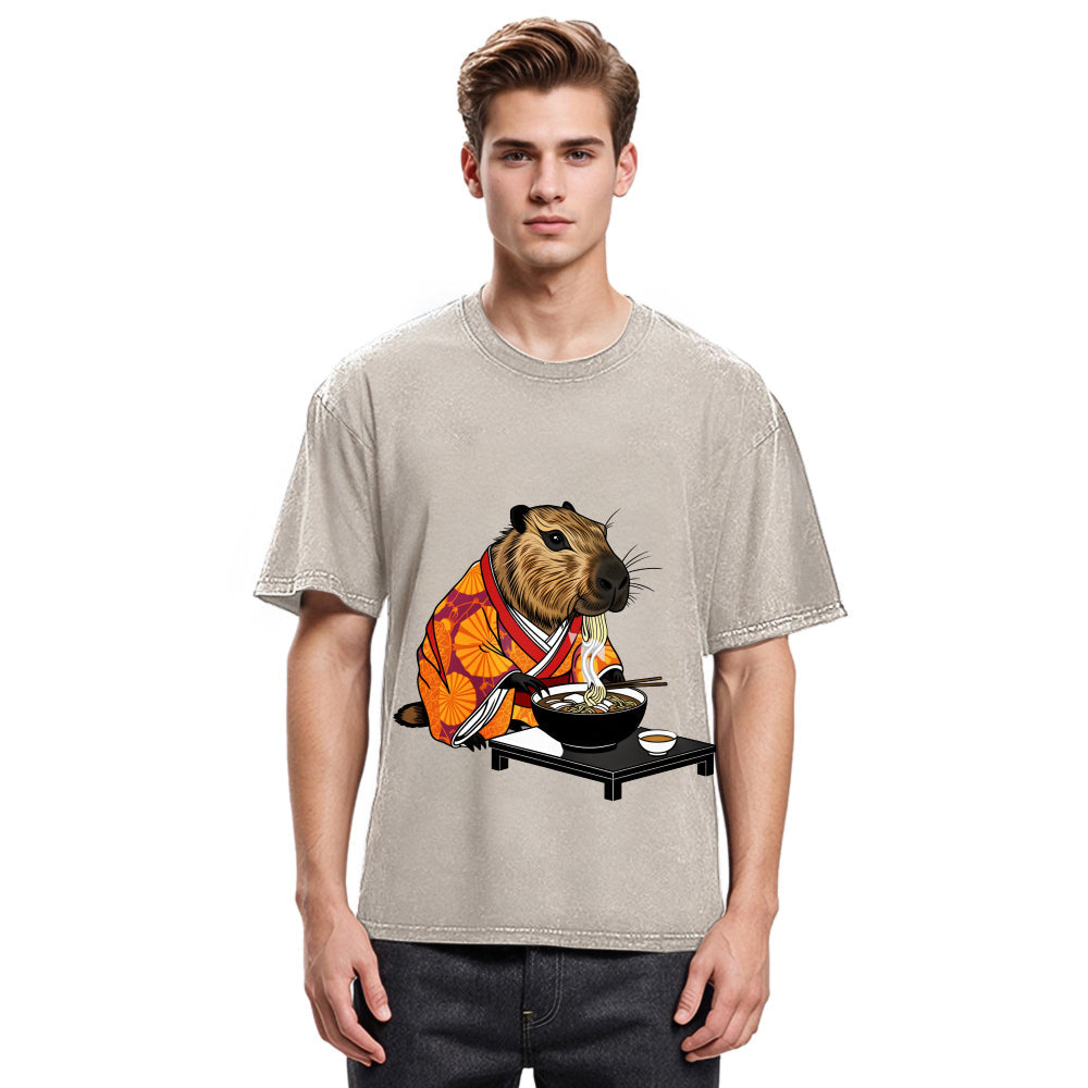 Tokyosol Cute Capybara Eating Ramen Washed T-Shirt