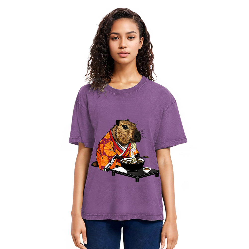 Tokyosol Cute Capybara Eating Ramen Washed T-Shirt