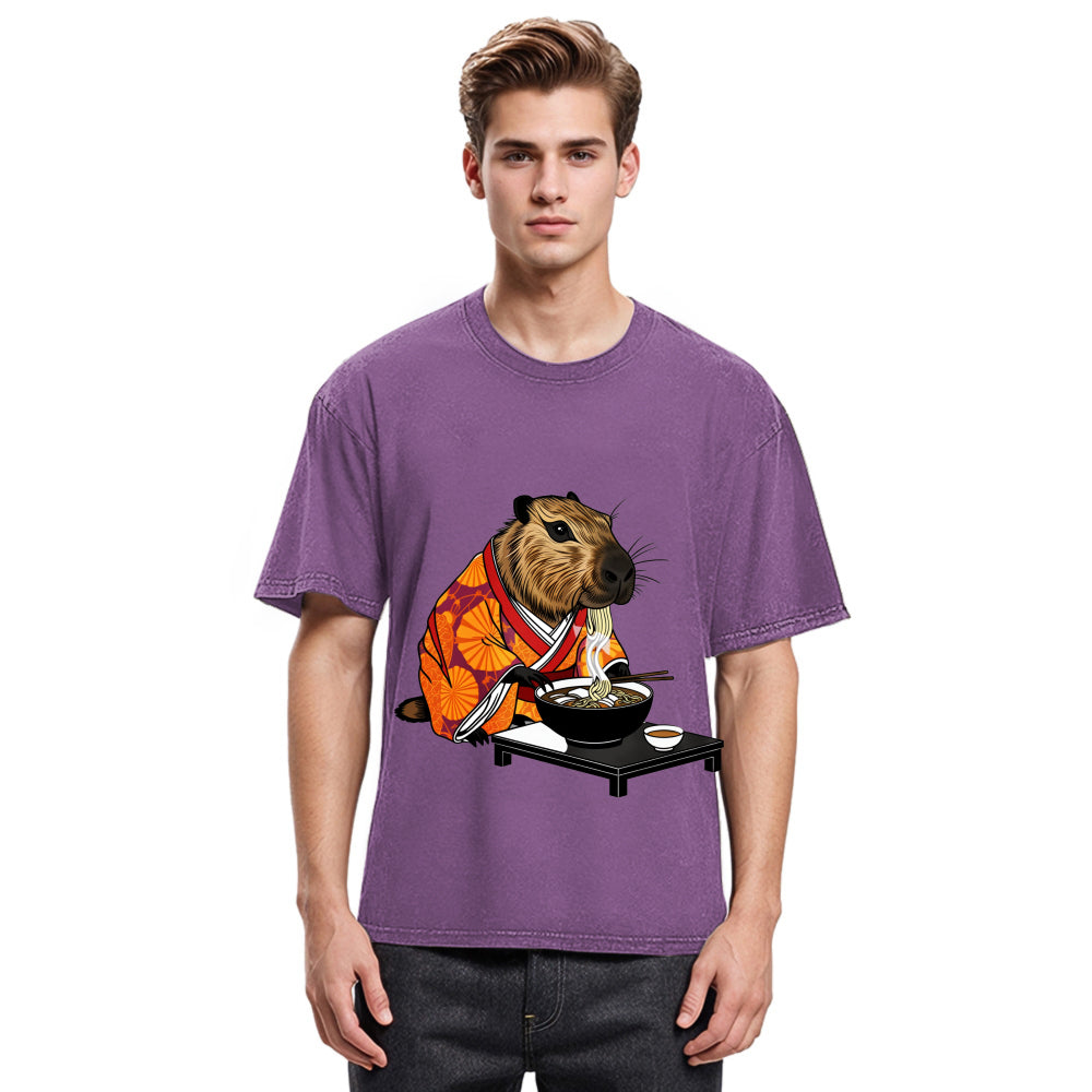 Tokyosol Cute Capybara Eating Ramen Washed T-Shirt