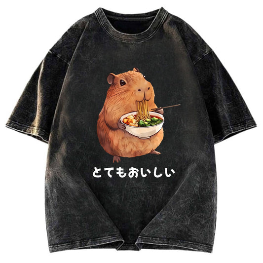 Tokyosol Capybara Eating Japanese Ramen Washed T-Shirt