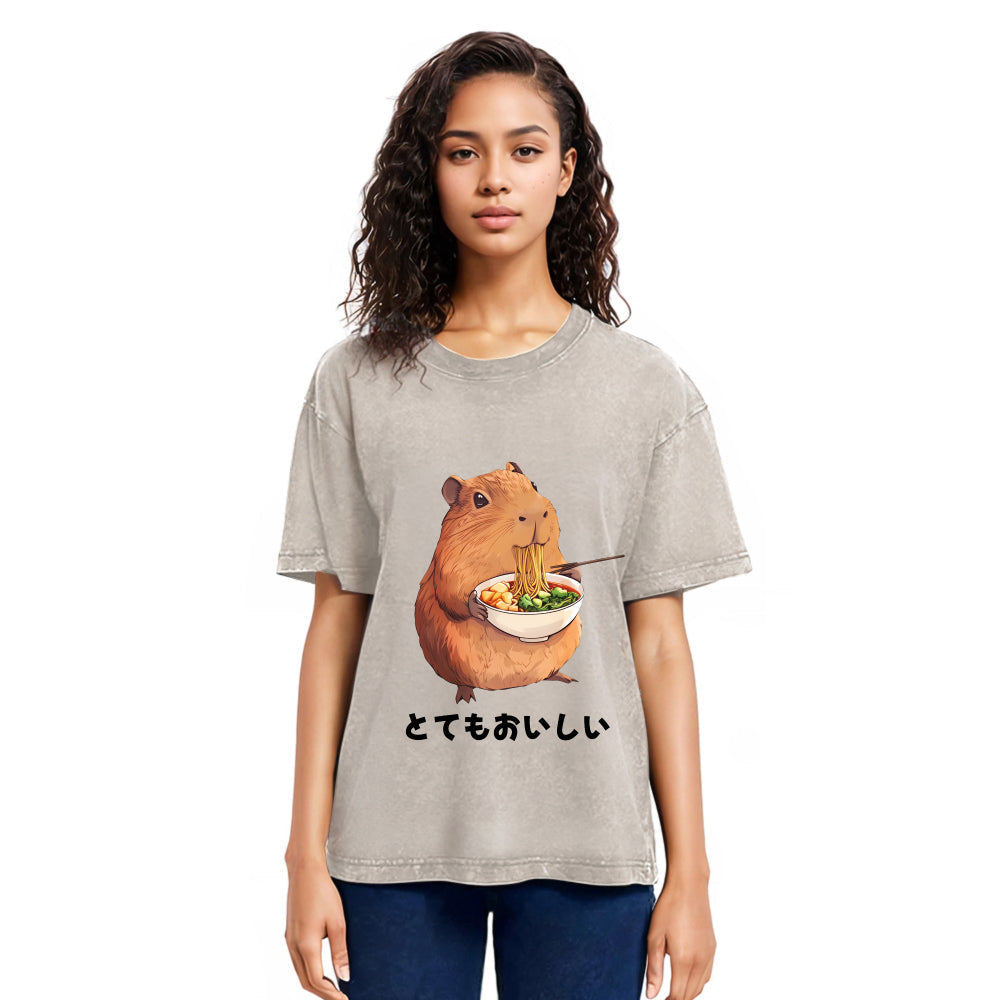 Tokyosol Capybara Eating Japanese Ramen Washed T-Shirt