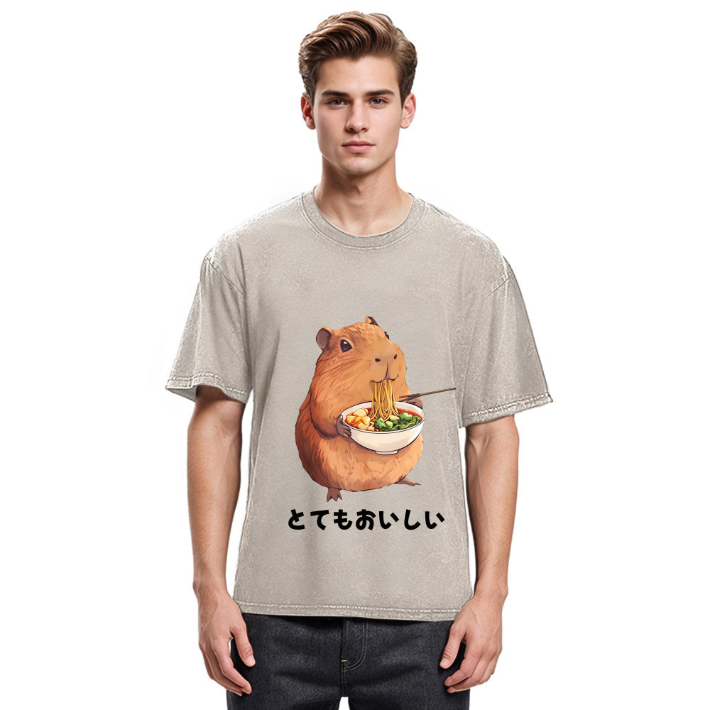 Tokyosol Capybara Eating Japanese Ramen Washed T-Shirt
