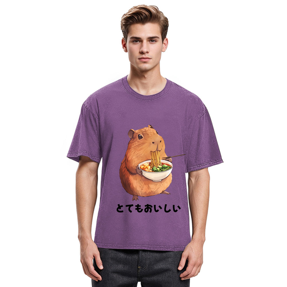 Tokyosol Capybara Eating Japanese Ramen Washed T-Shirt