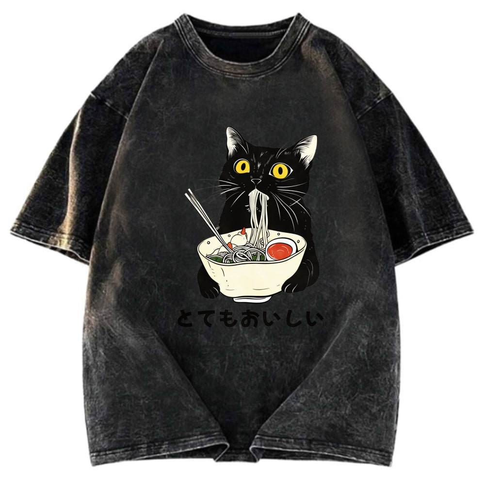 Tokyosol Cats Eat Ramen Noodles Washed T-Shirt