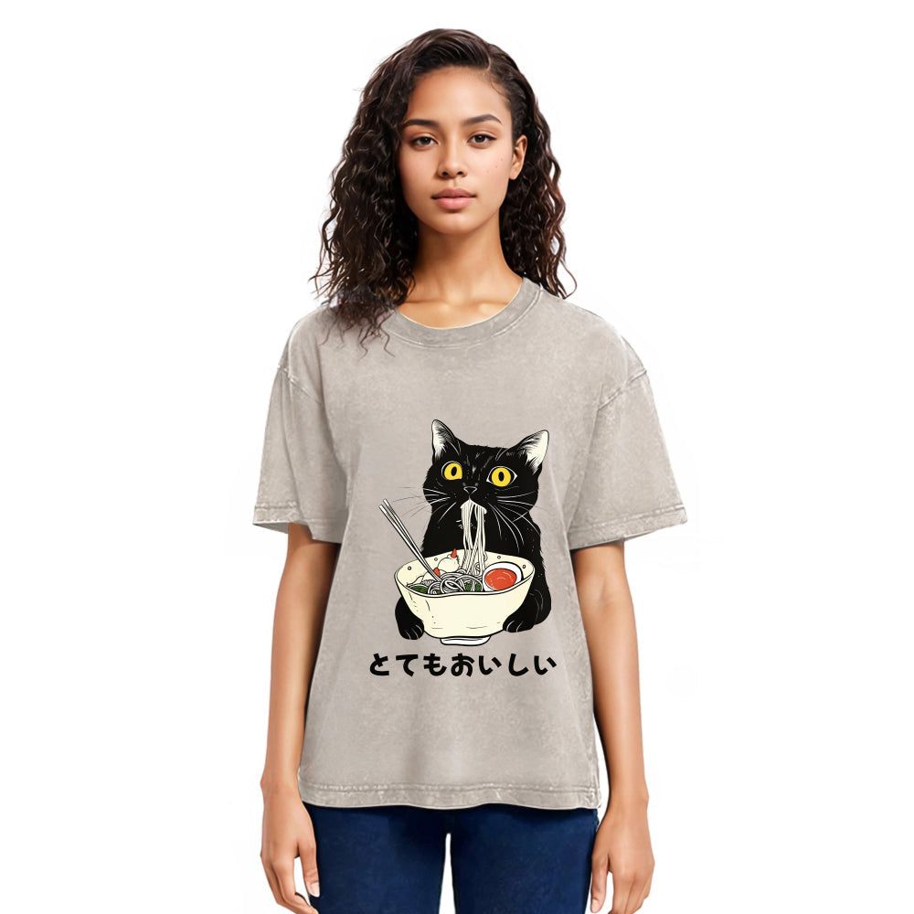 Tokyosol Cats Eat Ramen Noodles Washed T-Shirt
