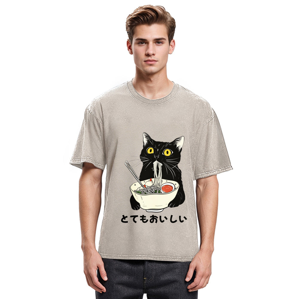 Tokyosol Cats Eat Ramen Noodles Washed T-Shirt