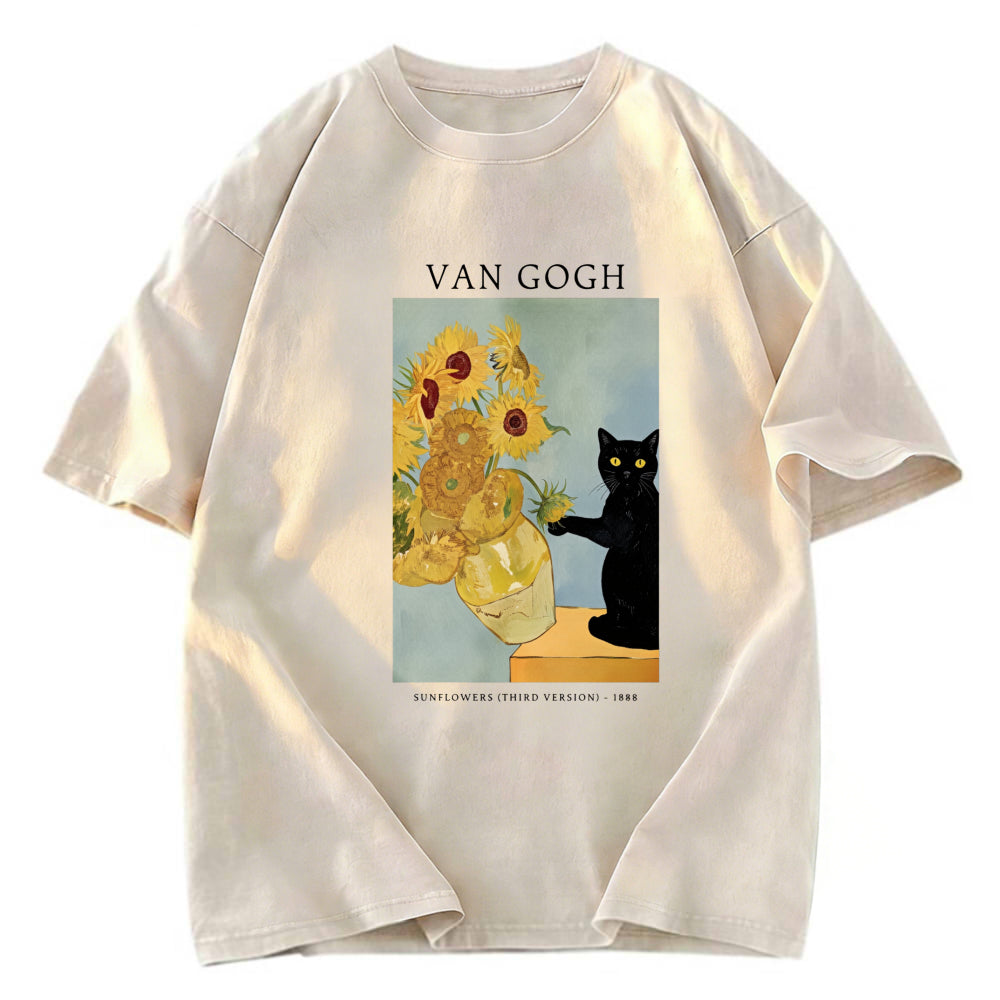Tokyosol Black Cat With Sunflowers Washed T-Shirt