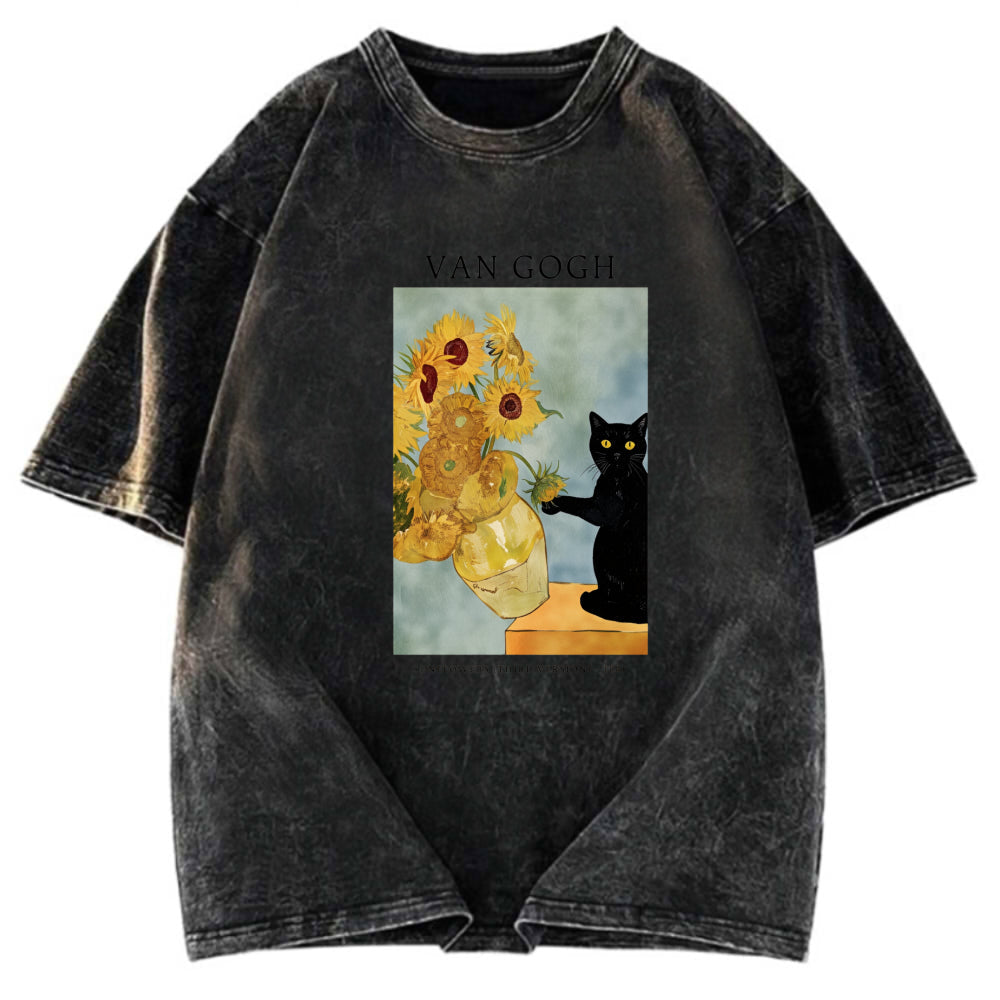 Tokyosol Black Cat With Sunflowers Washed T-Shirt